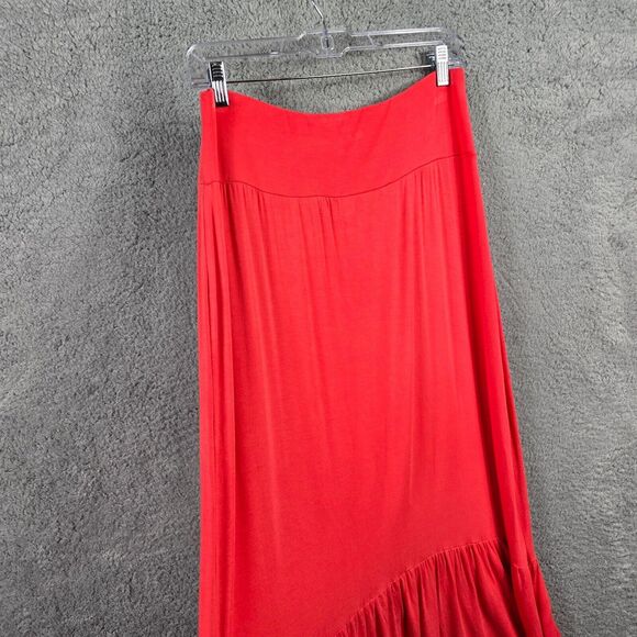 Womens A-line Skirt 1X Coral Red Asymmetrical Maxi High Waist Boho Flowy Chic - Picture 2 of 6